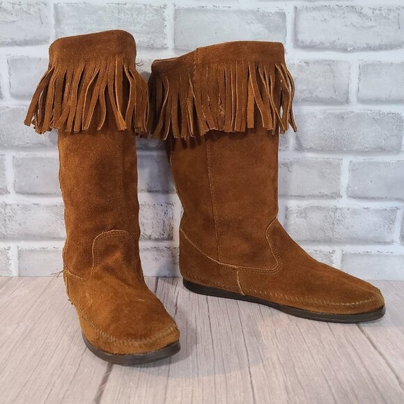 Minnetonka Shoes - Minnetonka Brown Suede Leather Moccasin Boots Western Boho Festival Womens 8